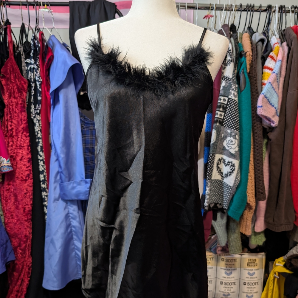 Elegant Black Feather-Trimmed Slip Dress